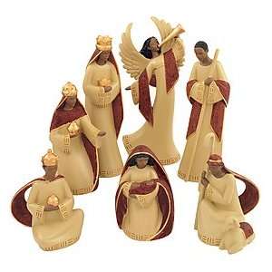  Set of 7 African American Nativity With Burgundy Trim 