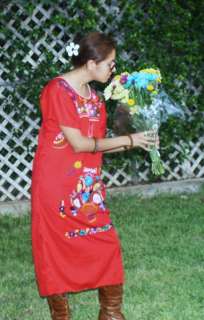 Red Boho Peasant Vintage Tunic Hand Embroidered Mexican Dress L   XL 