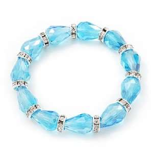  Pale Blue Glass Bead With Clear Crystals Silver Rings Flex 