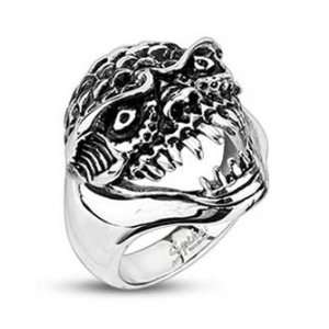   Polished Stainless Steel Biker Ring with Underwater Oni Demon Design