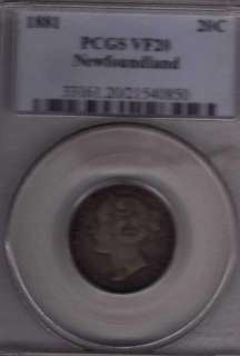 1881 Newfoundland Twenty Cent Coin. PCGS VF 20  