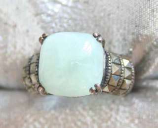 Art Deco Style 2000s Jade Marcasite Sterling Ring  