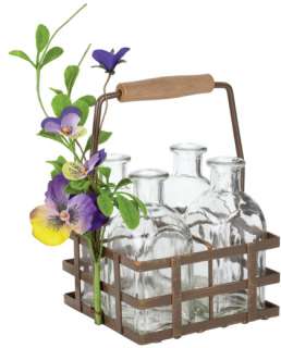 This set of 3 artificial pansy accented milk bottle carrier with 4 