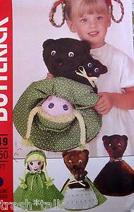 Vtg 80s Topsy Turvy story doll pattern Goldilocks Three Bears FF 