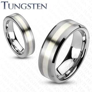 Tungsten Carbide Silver Stripe Inlay Beveled Edge men Wedding band 
