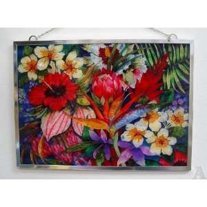  Tropical Hawaiian Floral Stained Glass Window Art Panel 