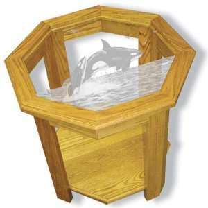 Oak Glass Top End Table With Orca Whale Etched Glass   Orca Whale End 