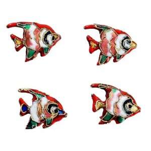    Four Cloisonne Red 22 X 20 mm Tropical Fish Beads 