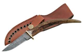 Damascus Steel Genuine Stag Handle Fixed Blade Knife  