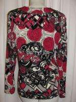 BFS04~CHICOS travelers Pink Gray Black Scoop Neck Long Sleeve Blouse 
