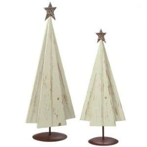  Set of 2 Wooden White Christmas Trees with Star Table Top 