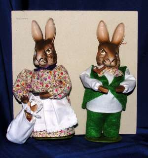   ANTIQUE PAPER MACHE, GERMAN EASTER BUNNY TOY DOLLS ON ORIGINAL CARD