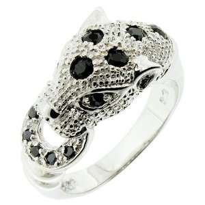  Rhodium Plated 925 Sterling Silver Leopard Ring with Black 