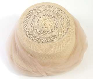   Ivory STRAW Buff Netting Lace Top Cloche Bell Hat   Union Made  