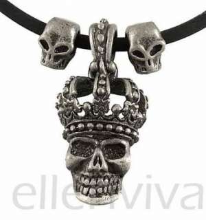 Punk Skull King Crown Black Rubber Cord Necklace Vintage Silver Tone 