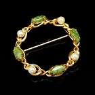 Vintage H.G. Gold Filled Lovely Jade Stones Pearls Open Circle Brooch