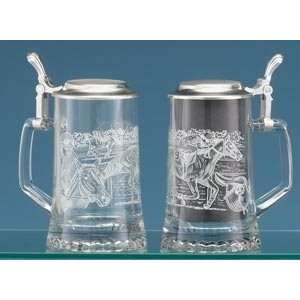  Horse Racing Etched German Glass Beer Stein Kitchen 