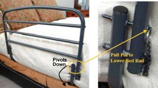 Collapsible Rail folds down to side of bed to allow user to get 