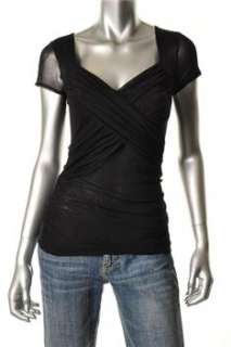 FAMOUS CATALOG Moda Fitted Shirt Black Mesh Ruched Top M  