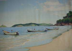 Vintage Original Oil Painting Beach Boat Sea 31X19  