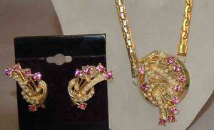 Art Deco DIVINE Pearl/Pink Rhinestone Necklace/Earrings  