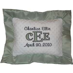  Personalized Embroidered Birth Pillow with Sage Satin 