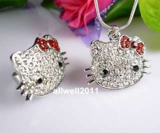 Hello Kitty Bling Ring Necklace Set Red Bow Crystal Fashion Jewelry 