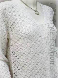 Crochet Eyelet Button Down Knit Cardigan Top White L  