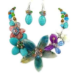 Blue/green Gemstone and Stone Flower Necklace and Earrings Set Fashion 