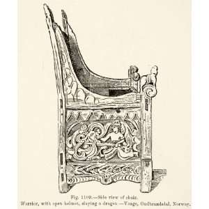  1889 Wood Engraving Chair Carving Warrior Helmet Dragon 