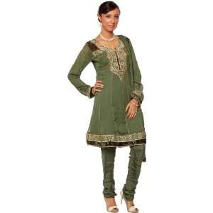 Camouflage Green Choodidaar Flair Suit with Embroidered Beads   Pure 