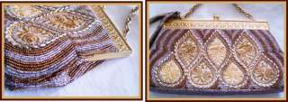 Vintage Gold Tapestry Hand Beaded HandBag BOX PURSE Cut Metal Brass 