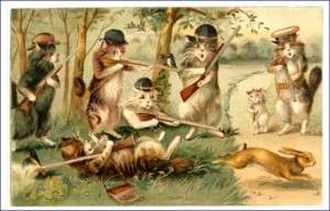 Boulanger vintage cat postcard cats w guns & rabbit  