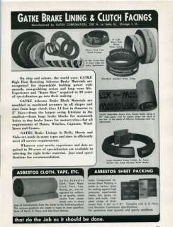 1944 GATKE BRAKE LINING Clutch Facings Catalog ASBESTOS Ad WWII US 