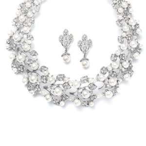  Bold Pearl Vine Wedding Choker Necklace Earring Set 