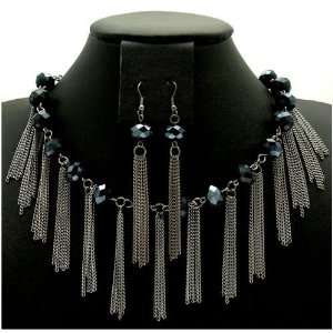   Black Bead & Stranded Chain   Fashion Necklace & Earring Set Jewelry