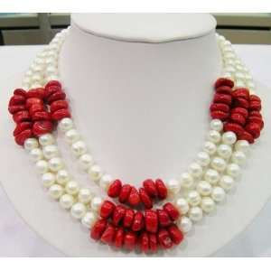  3 Strands Pearl&coral Necklace 16.5inch
