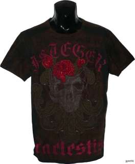 NWT J. STEGER Skull shirt tee Leather crystal rocker L  