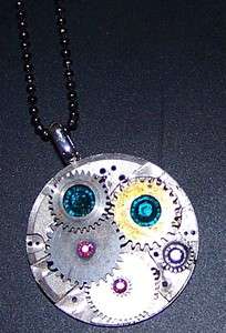 STEAMPUNK Necklace Gears Emerald Swarovski Industrial Outer Space 