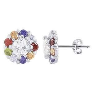 Sterling Silver Round Shape Cute Multicolor Cubic Zirconia 10mm Flower 