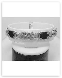 Camphor Glass Onyx Diamond Filigree Bracelet Sterling  