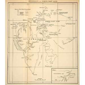  1934 Lithograph Map Spitsbergen Northeast Land Routes 