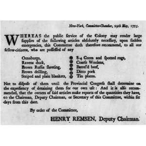  Henry Remsen,Revolutionary War,1775,Supply Request,NY 