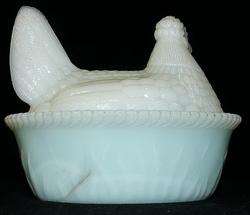   milk glass Hen on Nest HON cattail & rushes base circa 1900  