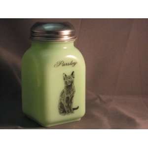 Green Milk Glass Parsley Spice Shaker with Caz the Cat Logo  