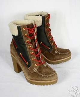   Top Sider Trinity Dark Brown / Green Lug Sole Womens Boots New 9236282