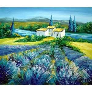 Countryside Scenery with Blue Flowers and Houses Oil Painting 20 x 24 
