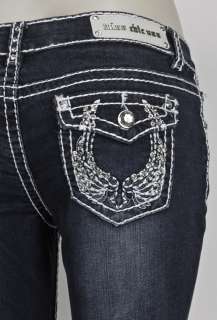 MISS CHIC BOOTCUT JEANS W JEWELED WING DESIGN SZ 0 15  