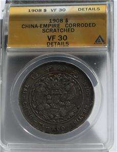 1908 China Empire Dragon Silver Dollar Coin graded by ANACS  