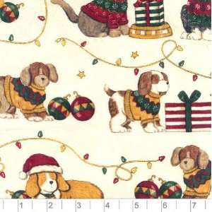  45 Wide Santa Claws & Paws Puppies Natural Fabric By The 